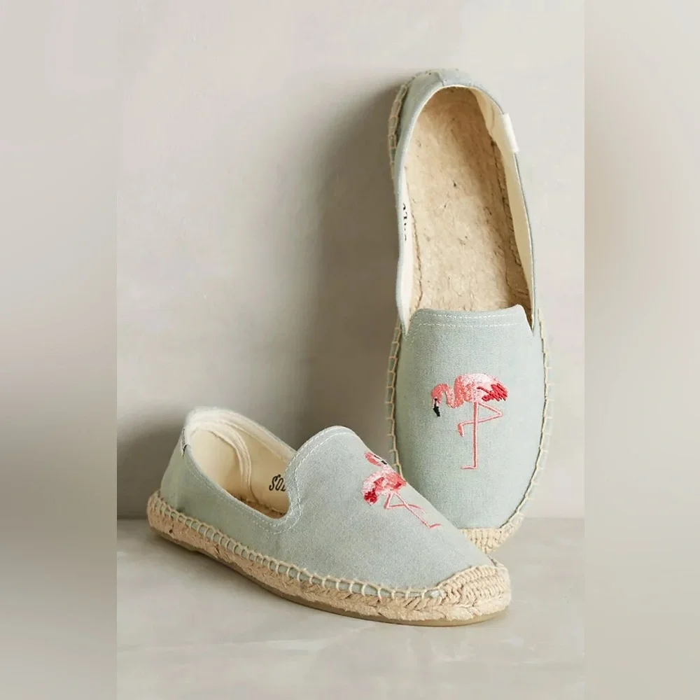 Anthropologie Soludos picnic espadrilles flamingo embroidery blue pink‎ size 7